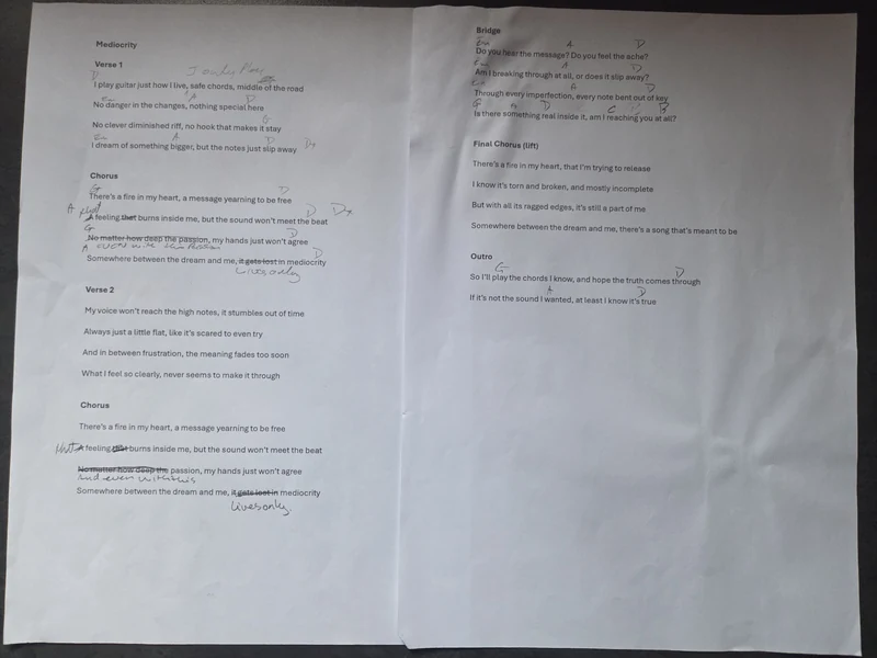 The original Mediocrity working lyric sheet