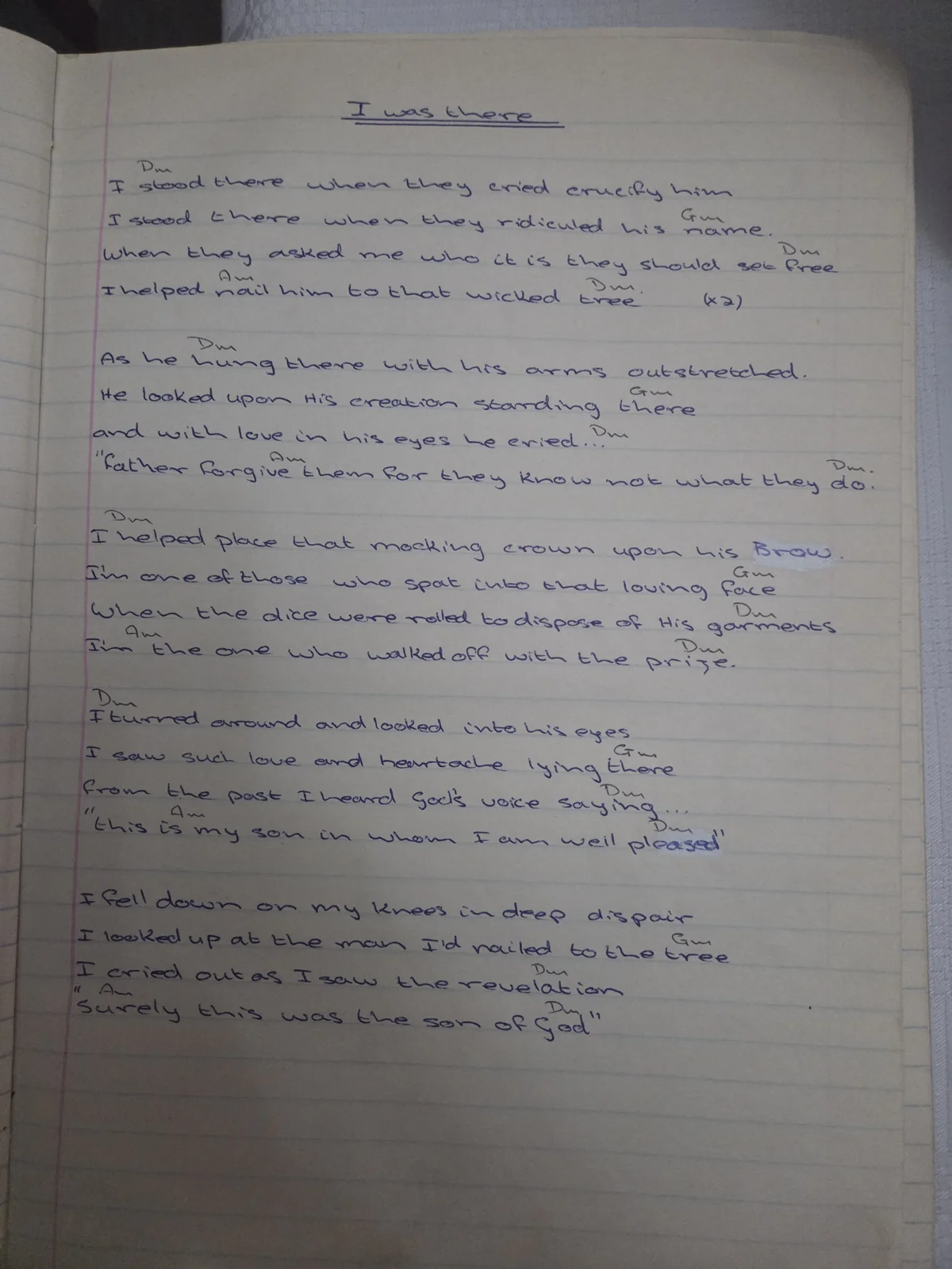 The original handwritten manuscript titled I Was There, with chords and repeated verse endings.