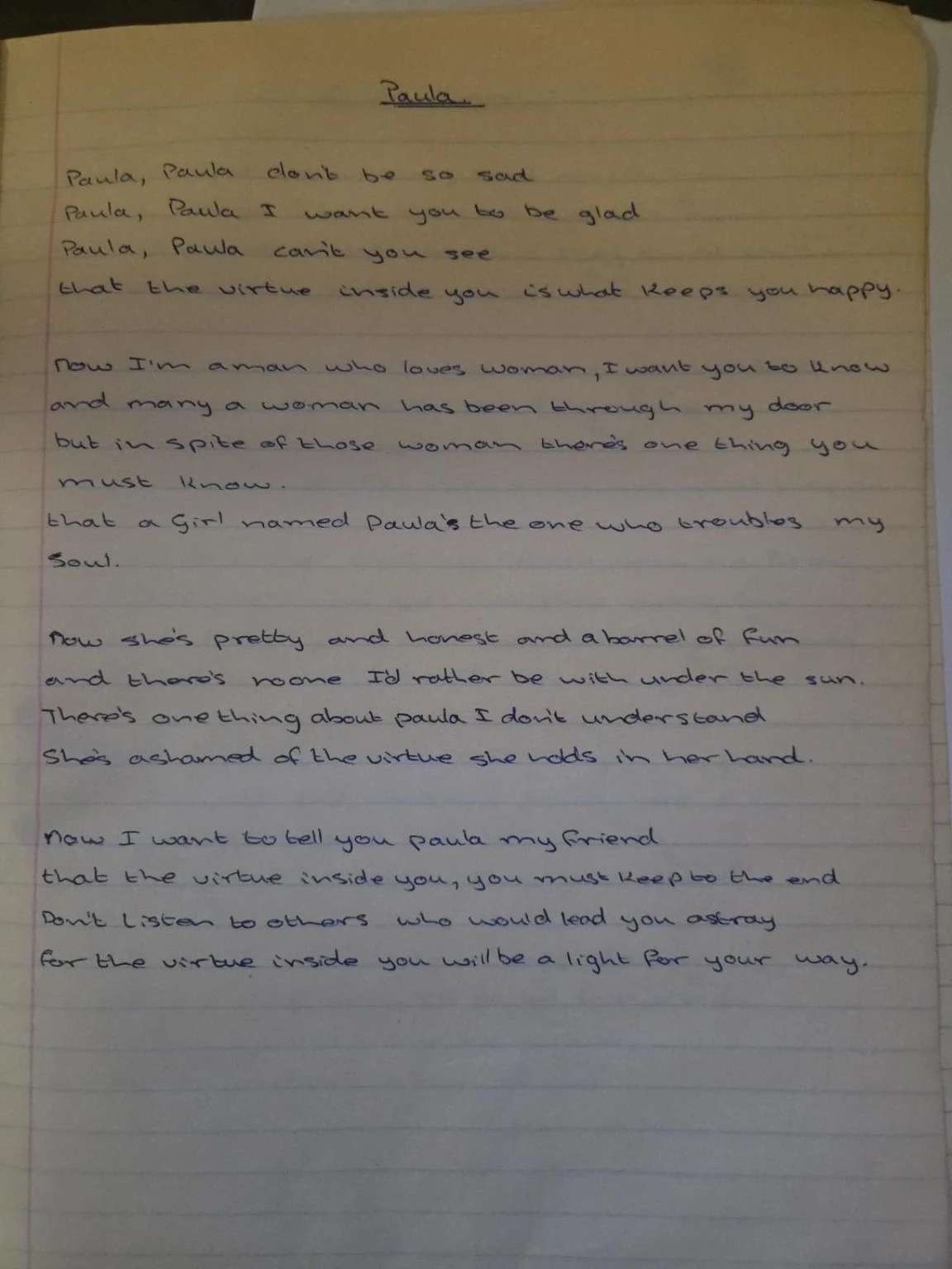 An early handwritten copy of Paula