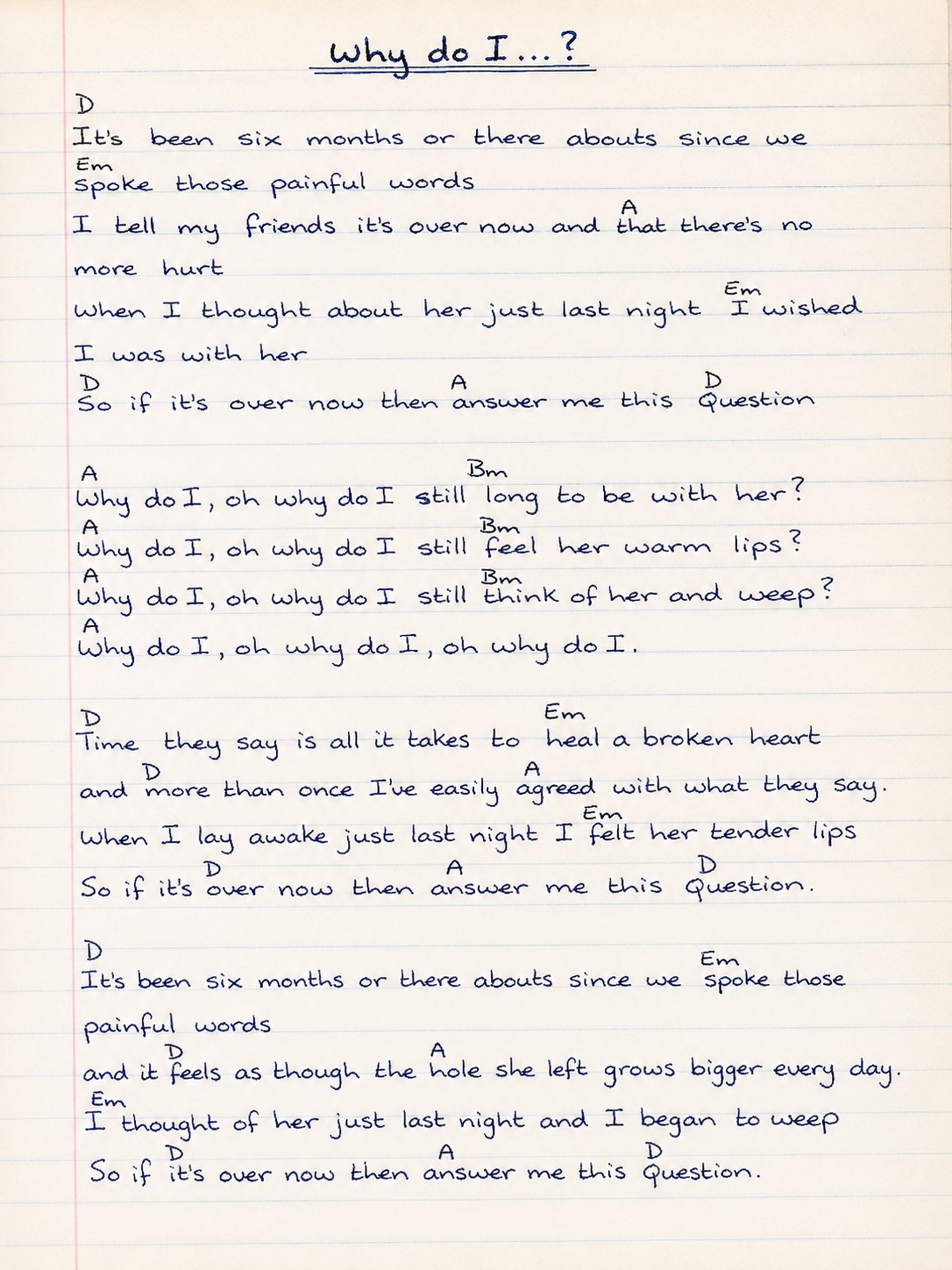 The original handwritten lyrics and chords for Why Do I